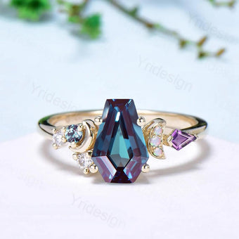 Unique coffin cut moon alexandrite ring, vintage rose gold engagement ring, cluster kite amethyst wedding ring, retro opal anniversary gift - PENFINE
