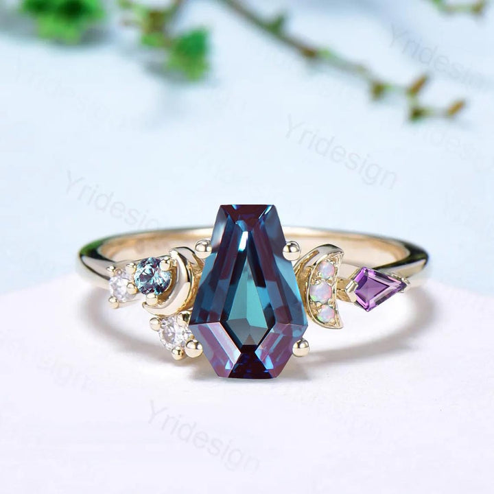 Unique coffin cut moon alexandrite ring, vintage rose gold engagement ring, cluster kite amethyst wedding ring, retro opal anniversary gift - PENFINE