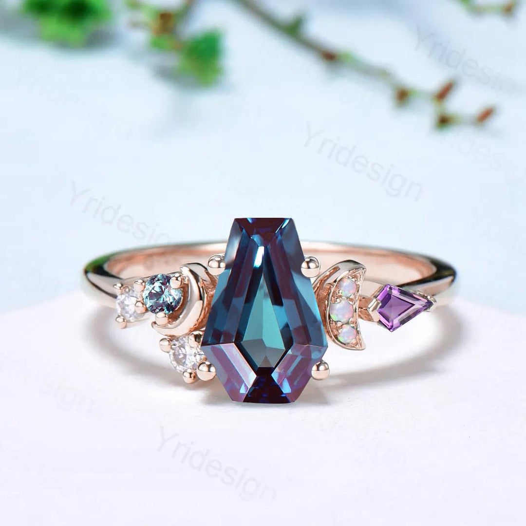 Unique coffin cut moon alexandrite ring, vintage rose gold engagement ring, cluster kite amethyst wedding ring, retro opal anniversary gift - PENFINE