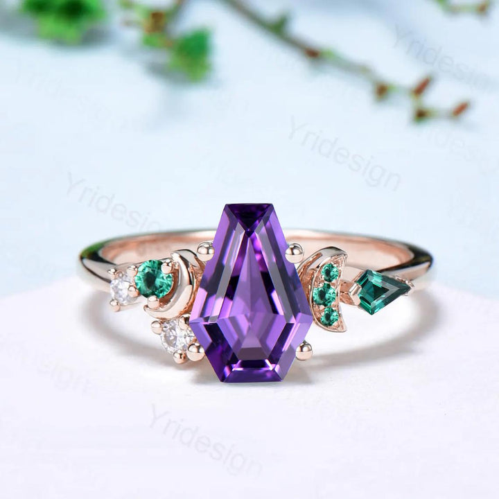 Unique moon amethyst ring, Coffin February birthstone engagement ring, cluster kite emerald wedding ring, perfect promise anniversary gift - PENFINE