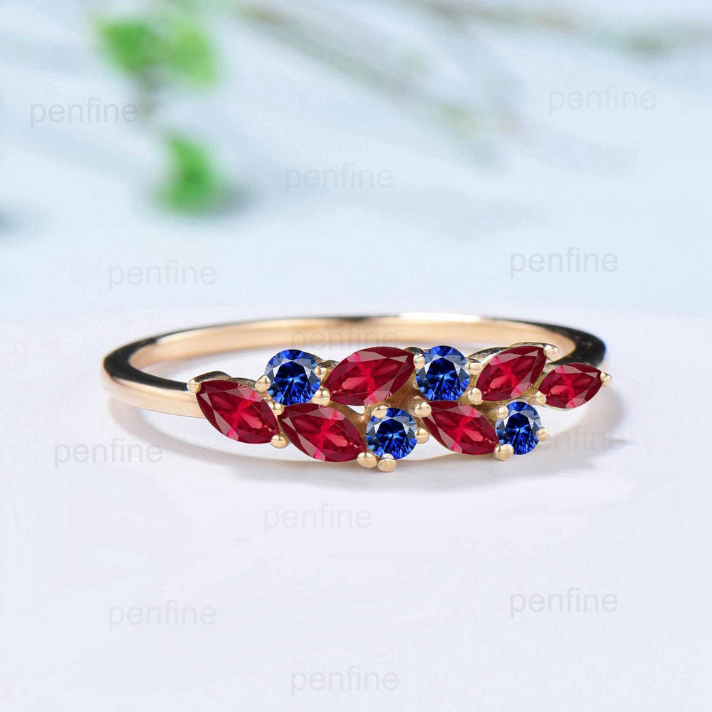 Ruby sapphire cluster wedding band Unique marquise cut ruby wedding band Vintage Stacking ring Solid rose gold ring Anniversary promise gift - PENFINE