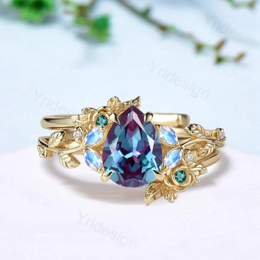 Nature inspired pear shaped alexandrite engagement ring floral leaf vine marquise moonstone wedding set art deco bridal anniversary ring set - PENFINE