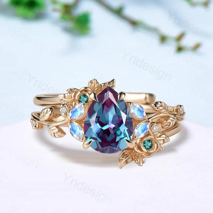 Nature inspired pear shaped alexandrite engagement ring floral leaf vine marquise moonstone wedding set art deco bridal anniversary ring set - PENFINE