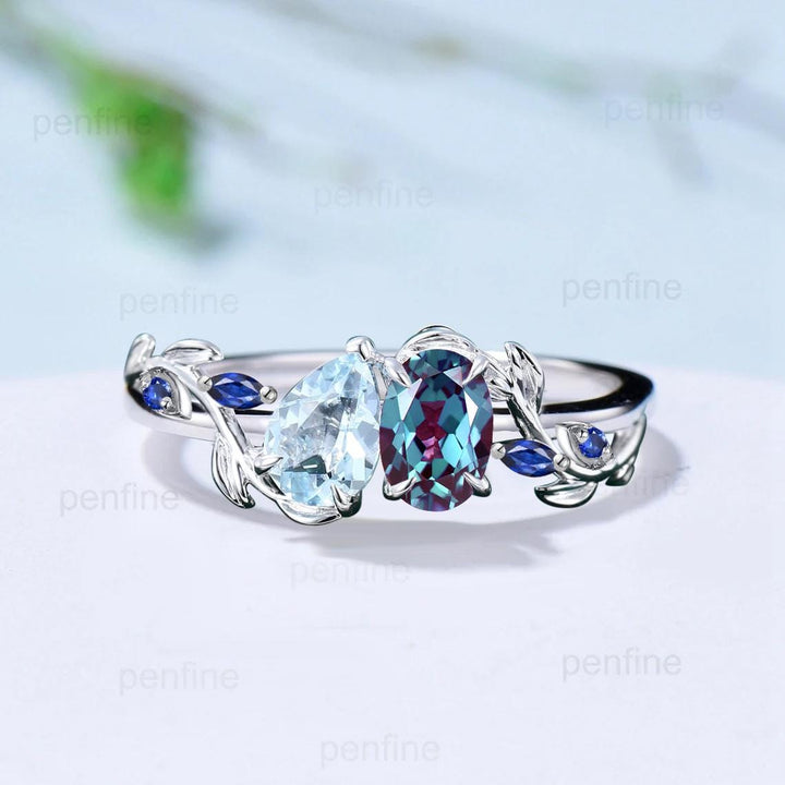 Nature Inspired alexandrite engagement ring Unique twig vine pear shaped aquamarine engagement ring cluster sapphire wedding ring for women - PENFINE