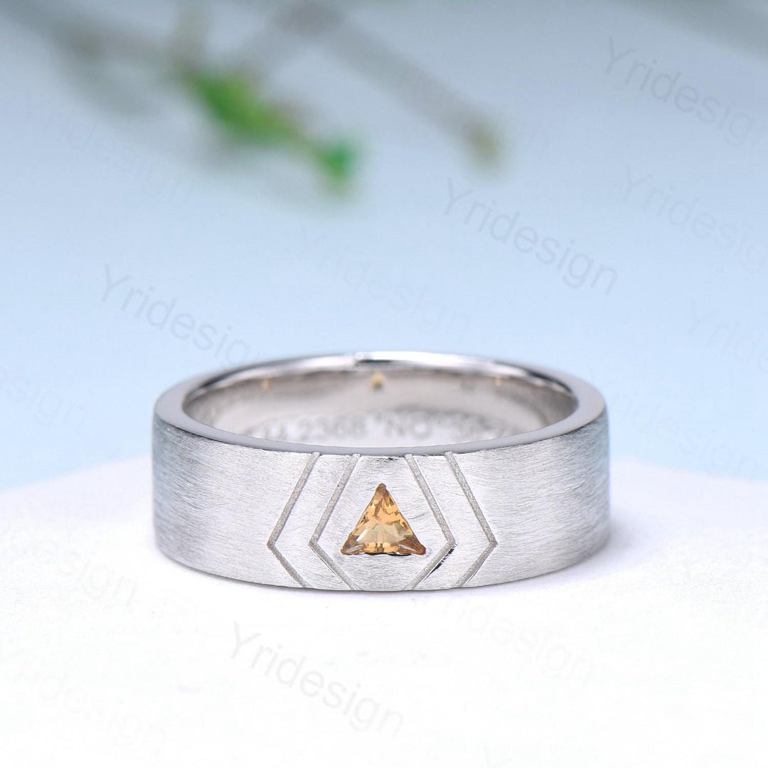 6mm Men's Ring Trillion Citrine Brushed Finished Band Solitaire Wedding Band Silver White Gold  Unique Citrine Anniversary Band Gift For Men - PENFINE