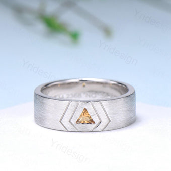 6mm Men's Ring Trillion Citrine Brushed Finished Band Solitaire Wedding Band Silver White Gold  Unique Citrine Anniversary Band Gift For Men - PENFINE