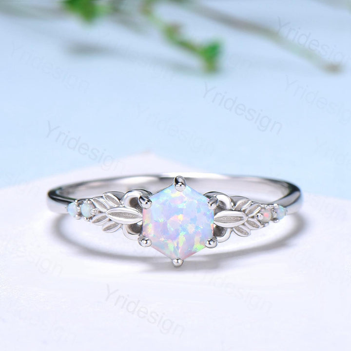 Dainty Fire Opal Ring Natural Inspired Hexagon Cut White Opal Leaf Engagement Ring White Gold Celtic Leaf Vine Bridal Anniversary Ring Women - PENFINE