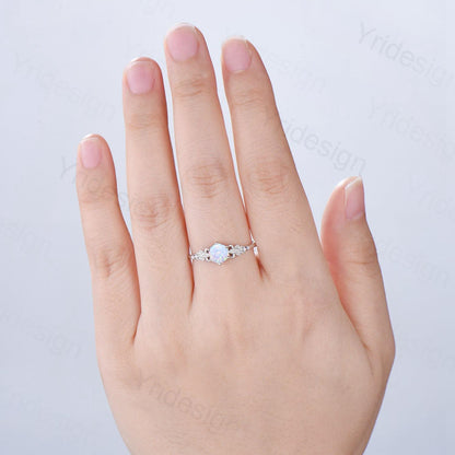 Dainty Fire Opal Ring Natural Inspired Hexagon Cut White Opal Leaf Engagement Ring White Gold Celtic Leaf Vine Bridal Anniversary Ring Women - PENFINE