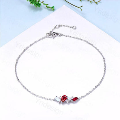 Elegant Pear Shaped Lab Ruby Bracelet Multi-Stone Baguette White Fire Opal Lobster Claw Bracelet Silver Gold Art Deco Anniversary Gift Women - PENFINE