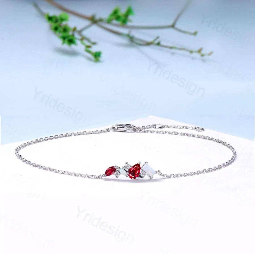 Elegant Pear Shaped Lab Ruby Bracelet Multi-Stone Baguette White Fire Opal Lobster Claw Bracelet Silver Gold Art Deco Anniversary Gift Women - PENFINE