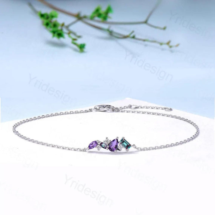 Elegant Pear Shaped Amethyst Bracelet Multi-Stone Baguette Alexandrite Lobster Claw Bracelet Silver Gold Art Deco Anniversary Gift for Women - PENFINE