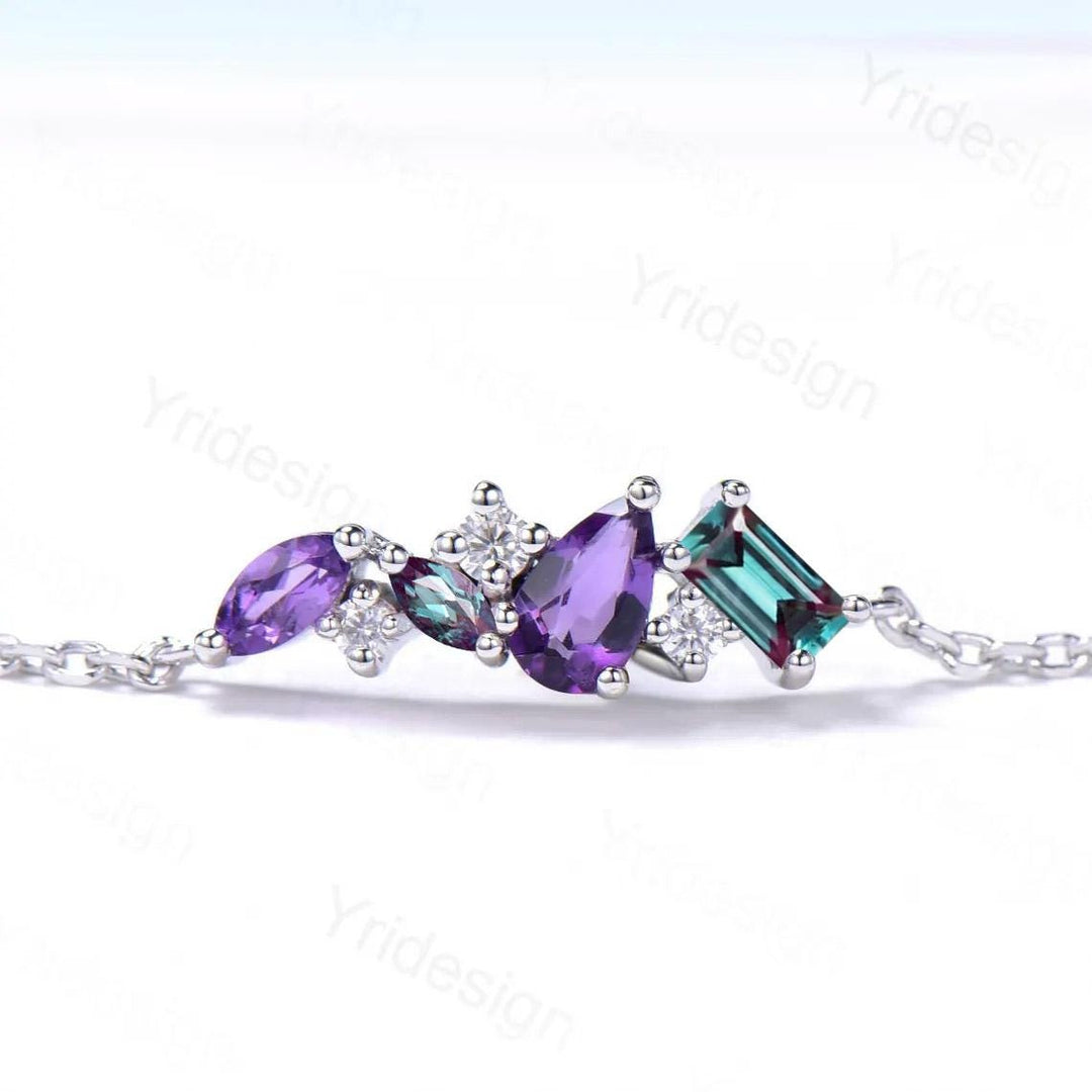 Elegant Pear Shaped Amethyst Bracelet Multi-Stone Baguette Alexandrite Lobster Claw Bracelet Silver Gold Art Deco Anniversary Gift for Women - PENFINE