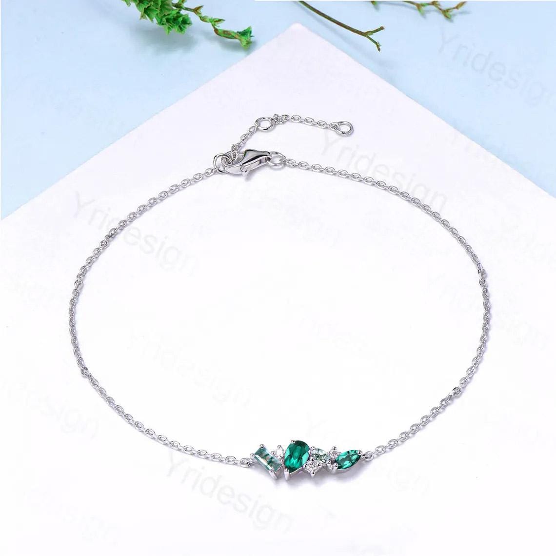 Elegant Pear Shaped Emerald Bracelet Multi-Stone Baguette Green Moss Agate Lobster Claw Bracelet Silver Gold Art Deco Anniversary Gift Women - PENFINE