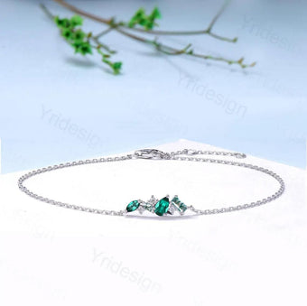 Elegant Pear Shaped Emerald Bracelet Multi-Stone Baguette Green Moss Agate Lobster Claw Bracelet Silver Gold Art Deco Anniversary Gift Women - PENFINE