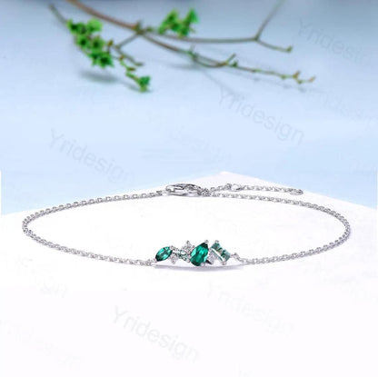 Elegant Pear Shaped Emerald Bracelet Multi-Stone Baguette Green Moss Agate Lobster Claw Bracelet Silver Gold Art Deco Anniversary Gift Women - PENFINE