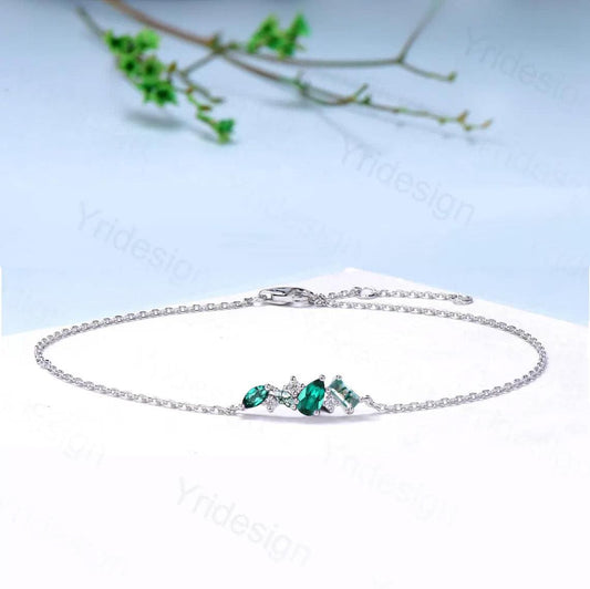 Elegant Pear Shaped Emerald Bracelet Multi-Stone Baguette Green Moss Agate Lobster Claw Bracelet Silver Gold Art Deco Anniversary Gift Women - PENFINE