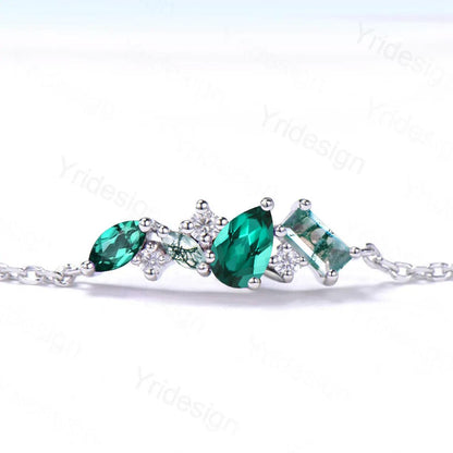 Elegant Pear Shaped Emerald Bracelet Multi-Stone Baguette Green Moss Agate Lobster Claw Bracelet Silver Gold Art Deco Anniversary Gift Women - PENFINE