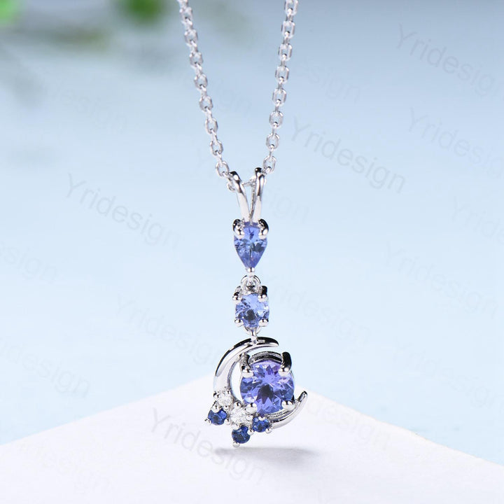 Unique Crescent Moon Tanzanite Necklace Elegant Cluster Sapphire Pendant Necklace 14k/18k White gold silver necklace promise gift for women - PENFINE