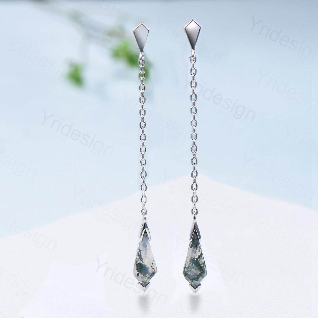 Kite Cut Moss Agate 14K Gold Dangle Earrings, Fine Jewelry - PENFINE