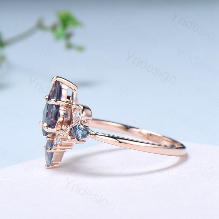 Unique Kite Cut Alexandrite Engagement Ring Art Deco Air Fly Color change Alexandrite Alternative Rose Gold Wedding Ring For Women - PENFINE