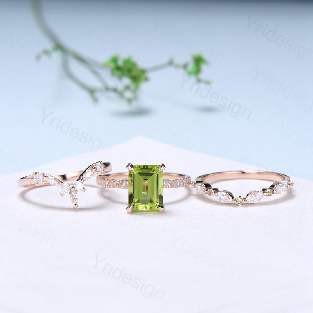 Vintage Emerald Cut Peridot Engagement Ring Set Hidden Halo Basket 3CT Peridot Eternity Bridal Ring Women Rose Gold Anniversary Wedding Set - PENFINE