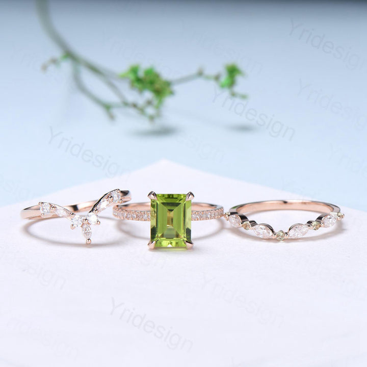 Vintage Emerald Cut Peridot Engagement Ring Set Hidden Halo Basket 3CT Peridot Eternity Bridal Ring Women Rose Gold Anniversary Wedding Set - PENFINE