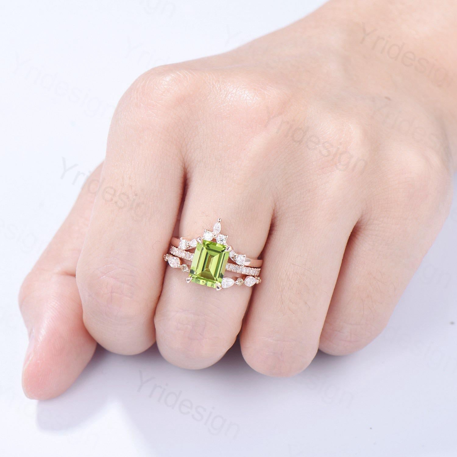 Vintage Emerald Cut Peridot Engagement Ring Set Hidden Halo Basket 3CT Peridot Eternity Bridal Ring Women Rose Gold Anniversary Wedding Set - PENFINE