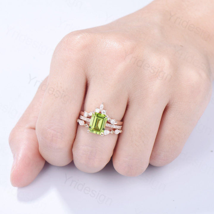 Vintage Emerald Cut Peridot Engagement Ring Set Hidden Halo Basket 3CT Peridot Eternity Bridal Ring Women Rose Gold Anniversary Wedding Set - PENFINE