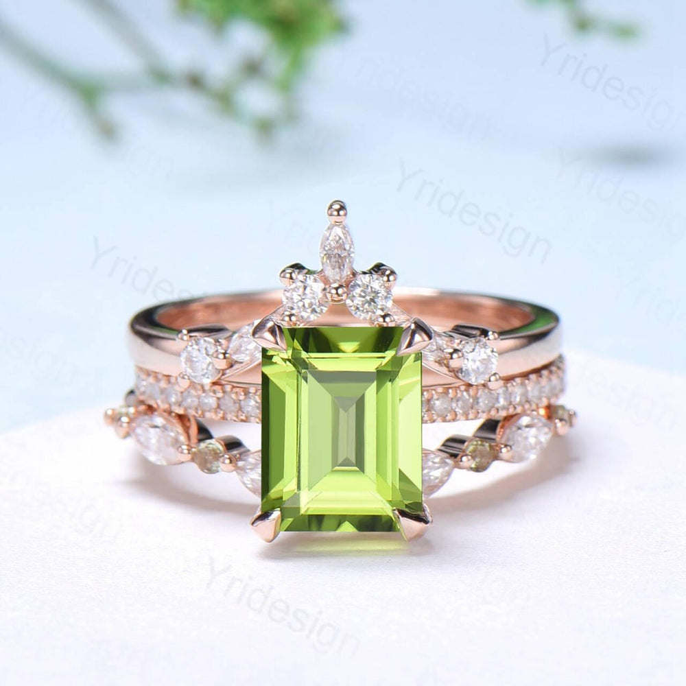 Vintage Emerald Cut Peridot Engagement Ring Set Hidden Halo Basket 3CT Peridot Eternity Bridal Ring Women Rose Gold Anniversary Wedding Set - PENFINE