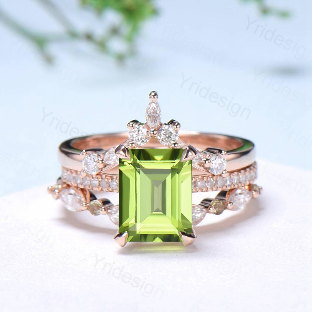 Vintage Emerald Cut Peridot Engagement Ring Set Hidden Halo Basket 3CT Peridot Eternity Bridal Ring Women Rose Gold Anniversary Wedding Set - PENFINE