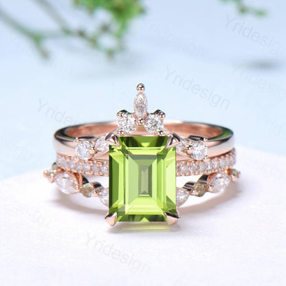 Vintage Emerald Cut Peridot Engagement Ring Set Hidden Halo Basket 3CT Peridot Eternity Bridal Ring Women Rose Gold Anniversary Wedding Set - PENFINE