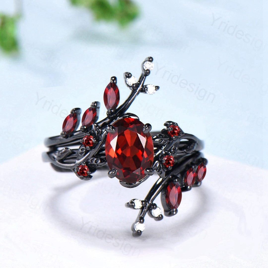 Nature inspired oval garnet engagement ring set black gold unique leaf gothic wedding ring set knight twig vine January birthstone jewelry - PENFINE