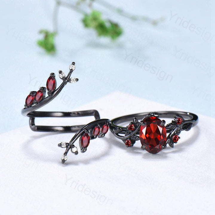 Nature inspired oval garnet engagement ring set black gold unique leaf gothic wedding ring set knight twig vine January birthstone jewelry - PENFINE