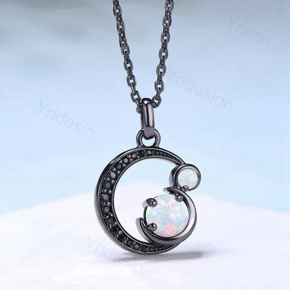 Unique Black Gold White Opal Necklace Magic Crescent Moon October Birthstone Pendant Necklace Halloween Gothic Anniversary Gift for Daughter - PENFINE