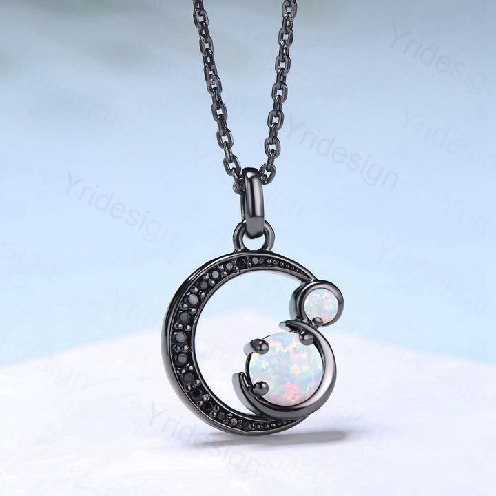 Unique Black Gold White Opal Necklace Magic Crescent Moon October Birthstone Pendant Necklace Halloween Gothic Anniversary Gift for Daughter - PENFINE