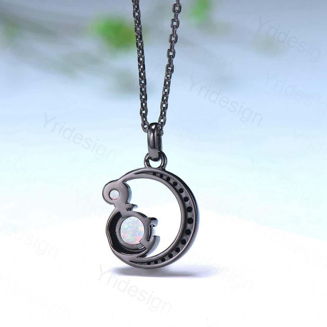 Unique Black Gold White Opal Necklace Magic Crescent Moon October Birthstone Pendant Necklace Halloween Gothic Anniversary Gift for Daughter - PENFINE