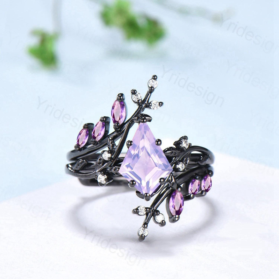 Nature Inspired Kite cut lavender amethyst ring set black gold unique leaf branch marquise cut amethyst  engagement ring bridal wedding set - PENFINE