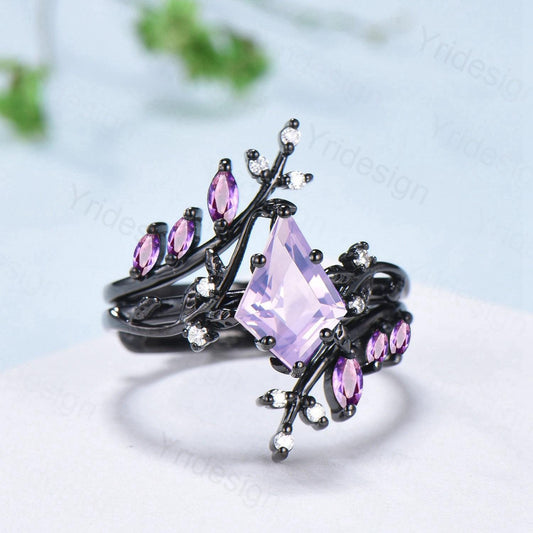 Nature Inspired Kite cut lavender amethyst ring set black gold unique leaf branch marquise cut amethyst engagement ring bridal wedding set - PENFINE