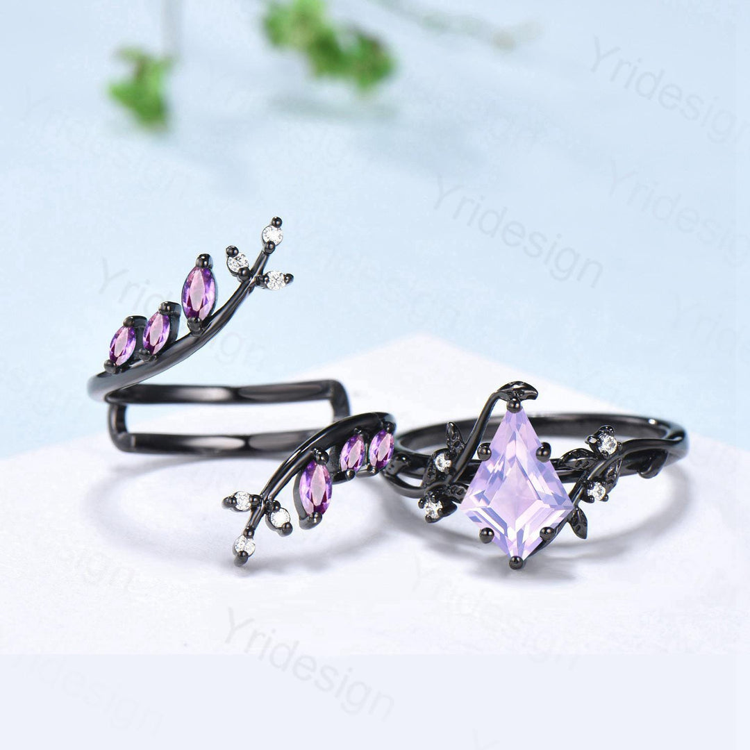 Nature Inspired Kite cut lavender amethyst ring set black gold unique leaf branch marquise cut amethyst  engagement ring bridal wedding set - PENFINE