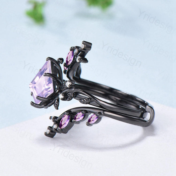 Nature Inspired Kite cut lavender amethyst ring set black gold unique leaf branch marquise cut amethyst  engagement ring bridal wedding set - PENFINE