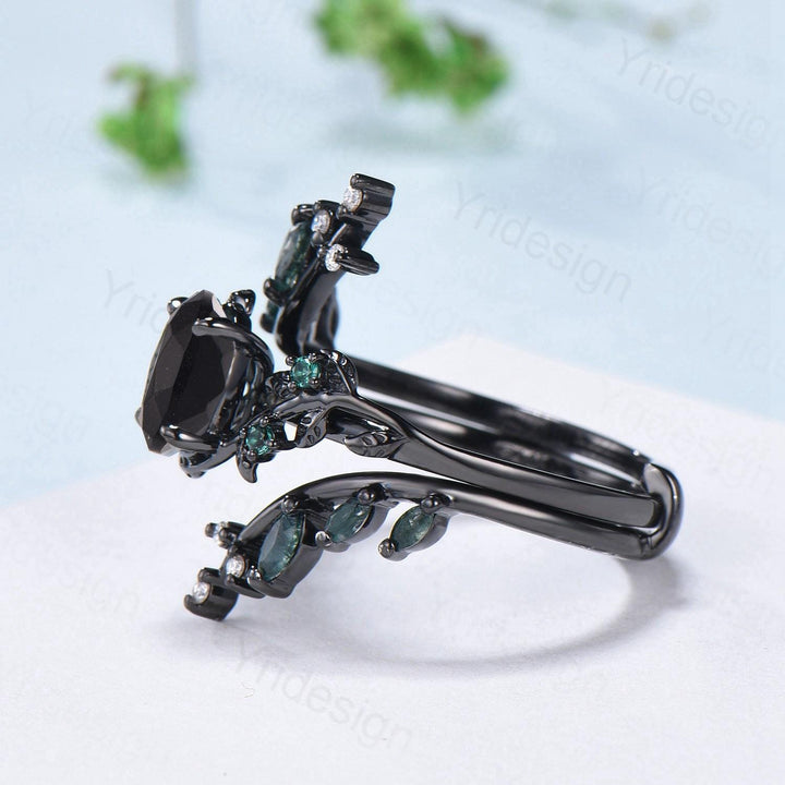 Unique gothic black gold onyx engagement ring set leaf nature inspired emerald wedding ring set twig vine marquise moss agate bridal set - PENFINE