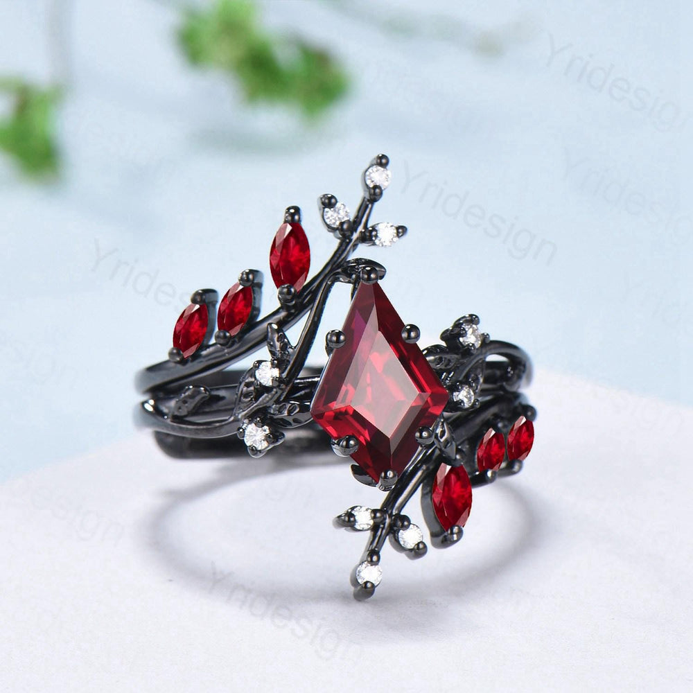 Unique gothic kite cut ruby engagement ring set black gold cluster engagement ring leaf branch nature inspired marquise ruby wedding set - PENFINE