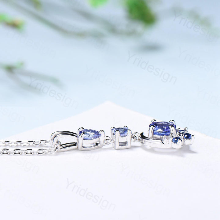 Unique Crescent Moon Tanzanite Necklace Elegant Cluster Sapphire Pendant Necklace 14k/18k White gold silver necklace promise gift for women - PENFINE