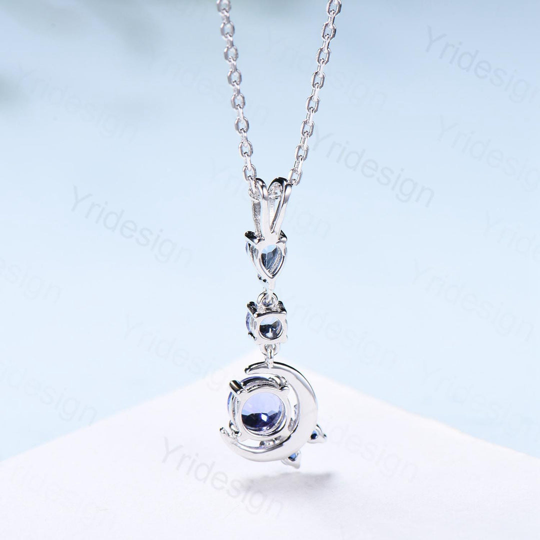 Unique Crescent Moon Tanzanite Necklace Elegant Cluster Sapphire Pendant Necklace 14k/18k White gold silver necklace promise gift for women - PENFINE