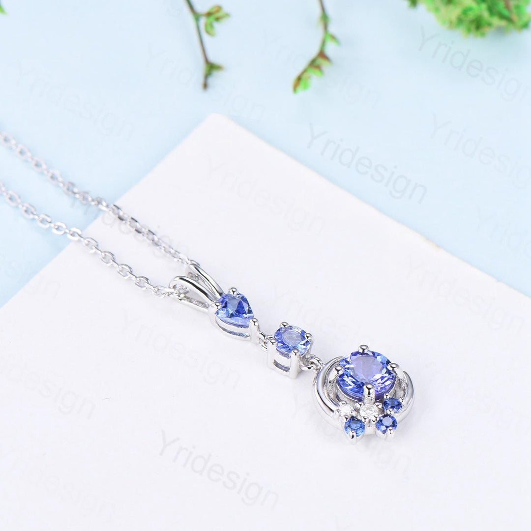 Unique Crescent Moon Tanzanite Necklace Elegant Cluster Sapphire Pendant Necklace 14k/18k White gold silver necklace promise gift for women - PENFINE