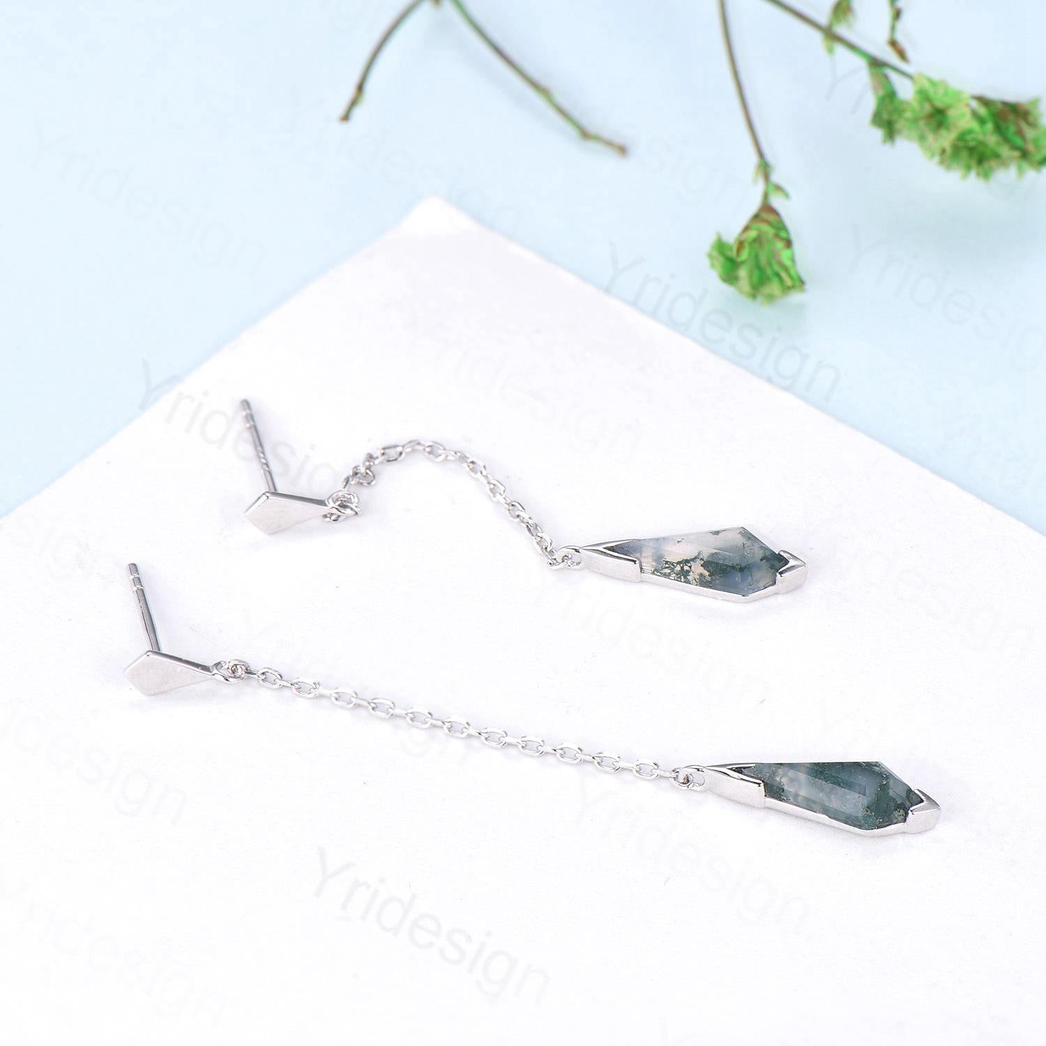 Kite Cut Moss Agate 14K Gold Dangle Earrings, Fine Jewelry - PENFINE