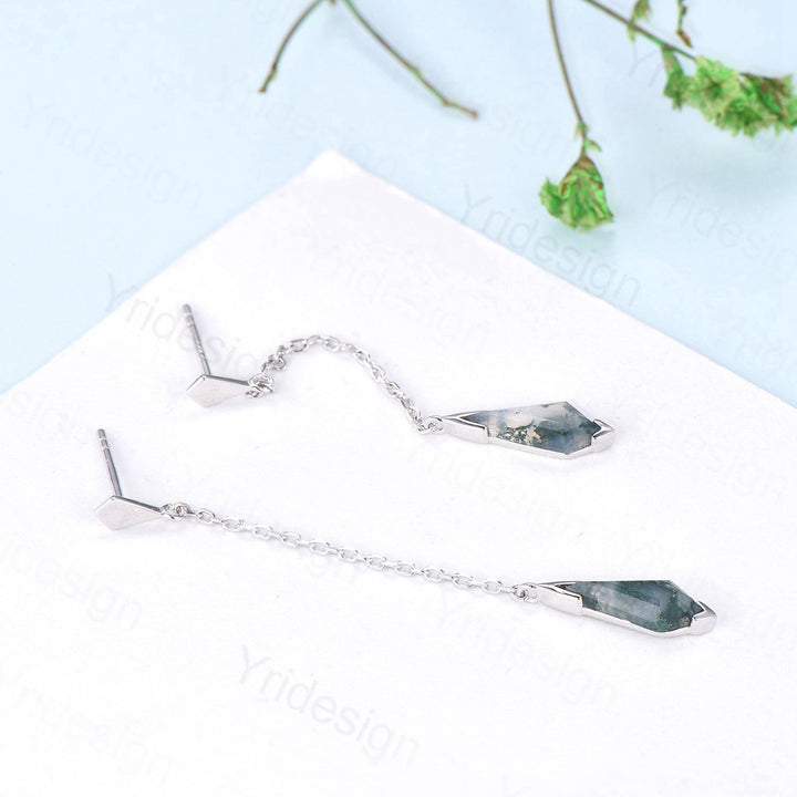 Kite Cut Moss Agate 14K Gold Dangle Earrings, Fine Jewelry - PENFINE