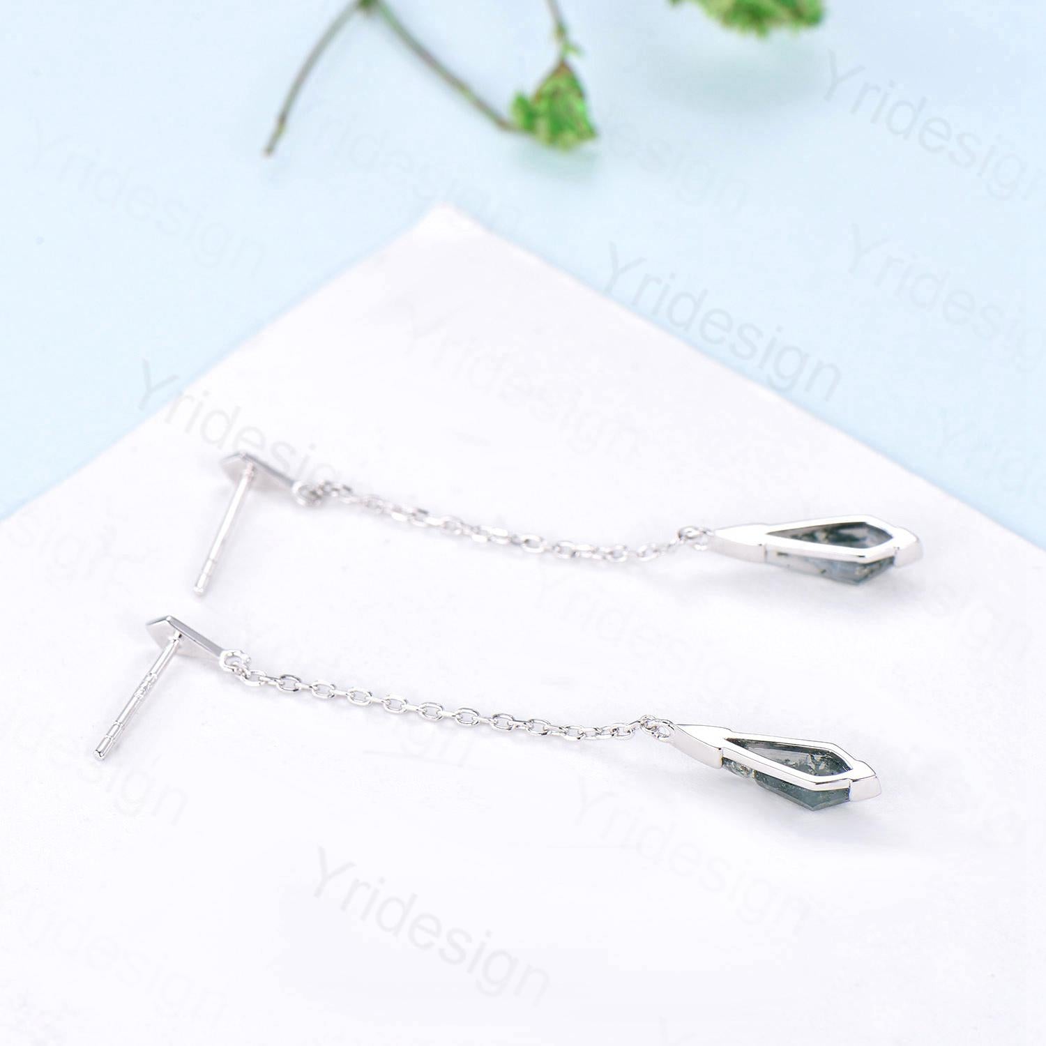 Kite Cut Moss Agate 14K Gold Dangle Earrings, Fine Jewelry - PENFINE