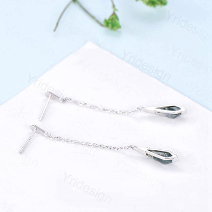 Kite Cut Moss Agate 14K Gold Dangle Earrings, Fine Jewelry - PENFINE