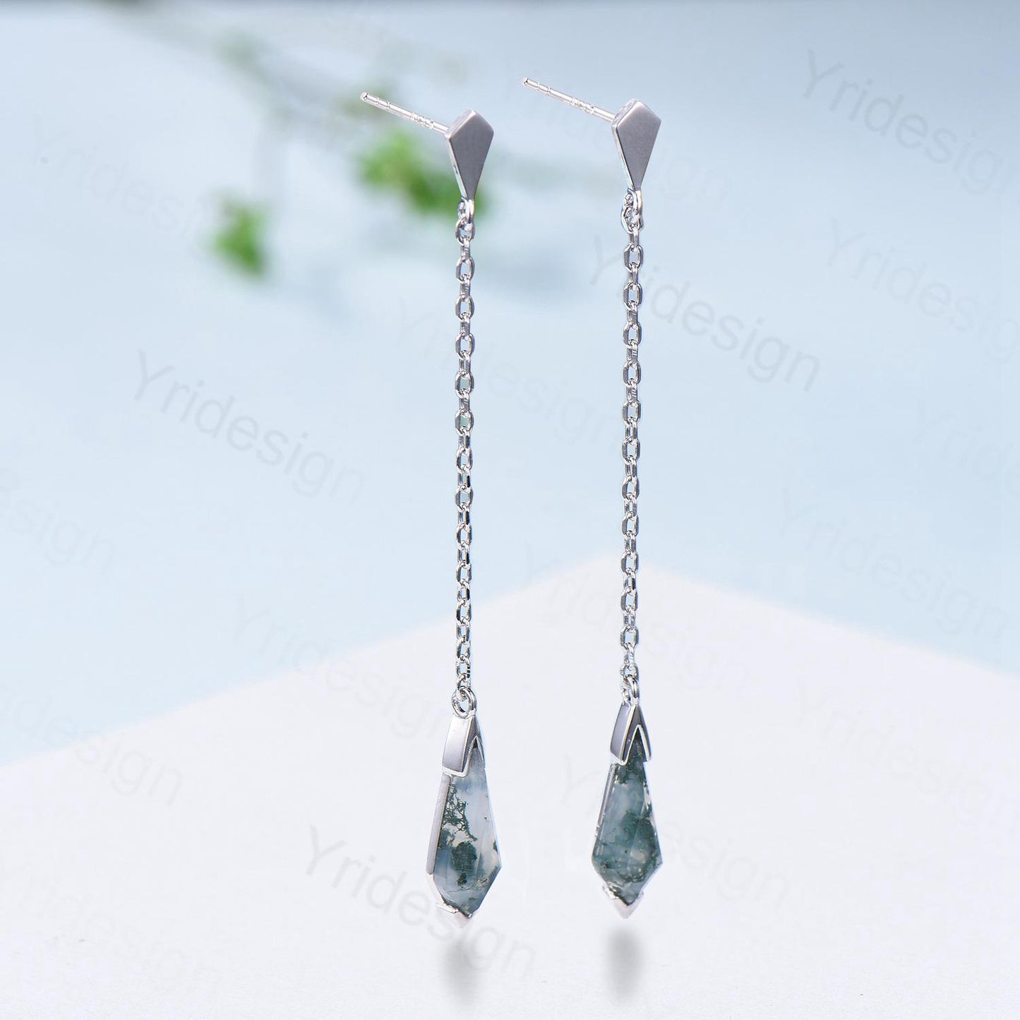 Kite Cut Moss Agate 14K Gold Dangle Earrings, Fine Jewelry - PENFINE